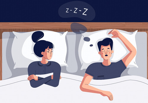 illustration of couple in bed with the man snoring
