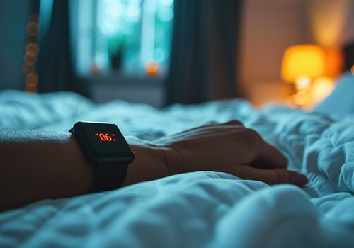 Person in bed, wearing a sleep tracker on wrist